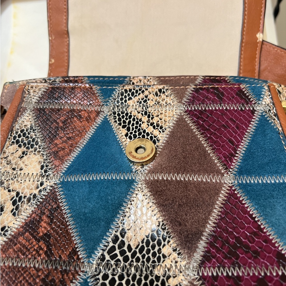 Sam Edelman Genuine Leather Patchwork Boho Crossbody Purse Brown Gold Hardware - Picture 9 of 15